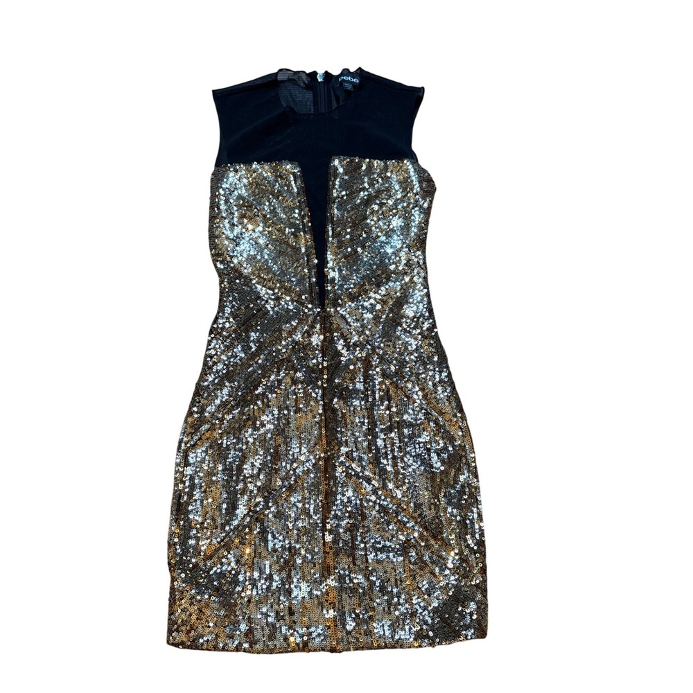 Bebe Sequin Mini Dress‎ Womens Gold Silver Black Excellent Bodycon Mesh SIZE XS